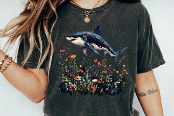 Great White Shark in Wildflower Meadow: A Painterly PNG Graphic