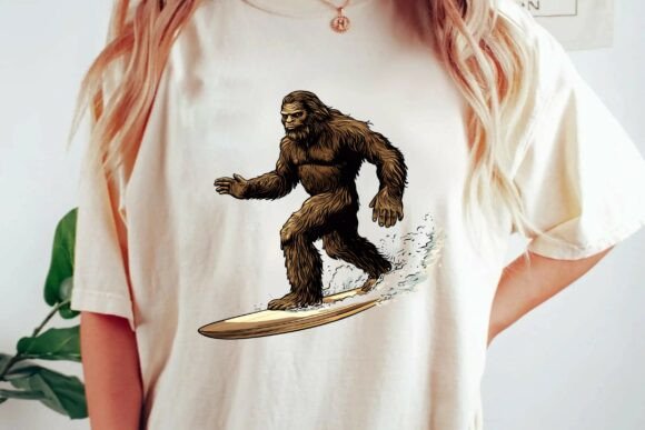 Retro Bigfoot Surfing Sasquatch Beach Surfboard Ocean Waves Summer Adventure Graphic PNG