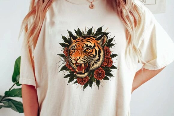 Roaring Tiger & Red Roses: A Bold Traditional Tattoo Graphic